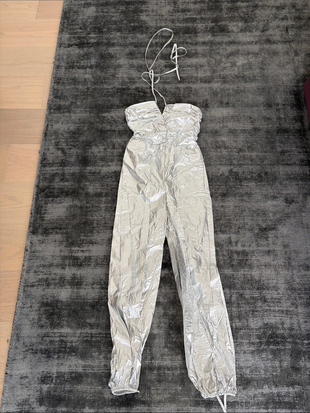 Lovers + Friends Metallic Silver Strapless Jumpsuit with Halter Ties